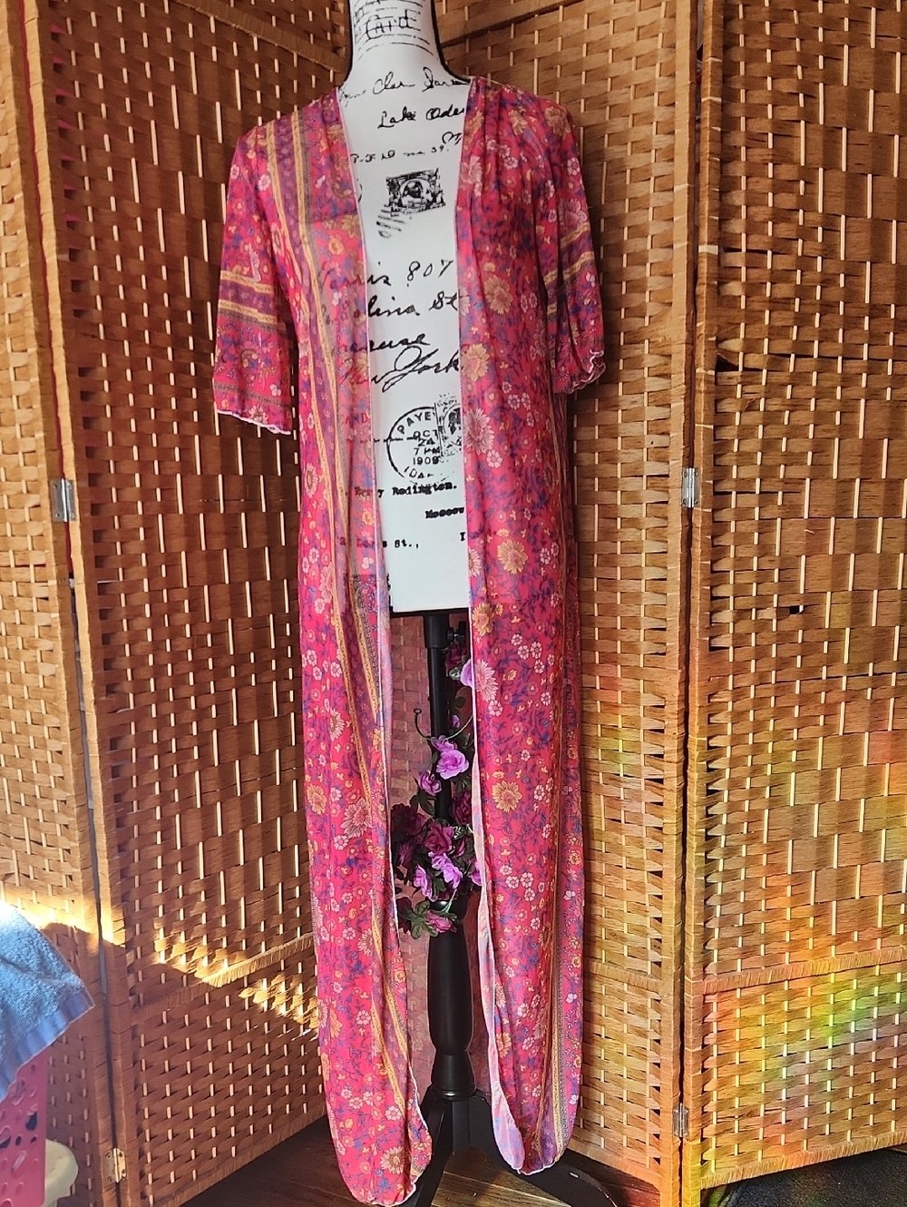 Women's Floral Vibrand Summer Spring Boho, Open Sheer Maxi Cover Up /  Cardigan